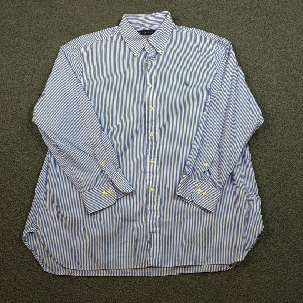 Ralph Lauren Button Down Mens 18 34-35 Blue White Striped Dobby Long Sleeve